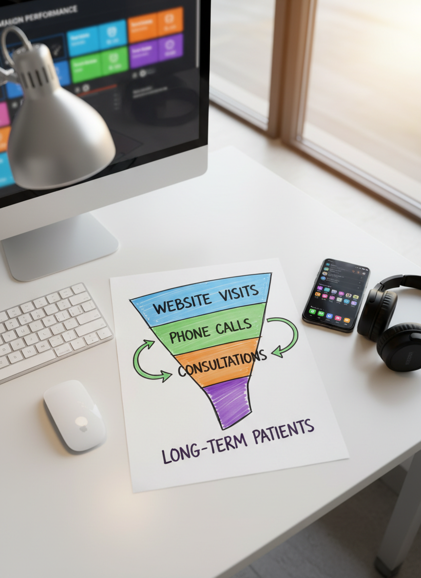 A close-up, photographic realistic scene of a white desk in a dental office’s private office, featuring a detailed marketing funnel sketched on a large sheet of paper, with neat arrows leading from website visits to phone calls, consultations, and long-term patients, each stage highlighted in different marker colors. Surrounding the paper are a modern wireless keyboard, a sleek mouse, a smartphone showing a notification list, and a pair of noise-cancelling headphones. On a nearby monitor, slightly out of focus, are colorful campaign performance tiles. Warm desk lamp lighting blends with soft late-afternoon daylight from a side window, creating a focused, analytical, yet inviting mood. Captured from a top-down, birds-eye perspective to emphasize clarity and structure.