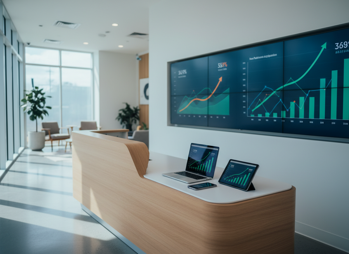 A sleek, modern dental practice reception desk made of light oak wood with a matte finish, positioned in front of a large wall-mounted ultra-wide monitor displaying abstract, colorful graphs and rising bar charts that imply revenue growth and new patient leads. On the desk sits an open, high-end laptop showing a blurred dashboard, alongside a neatly arranged tablet and smartphone, all on a clean white surface. Cool, diffused daylight from floor-to-ceiling windows casts soft shadows, creating a calm yet energetic atmosphere. Photographic realism at eye level, with a shallow depth of field that keeps the technology and growth metrics in sharp focus while the rest of the clinic interior fades into a tasteful, professional blur.