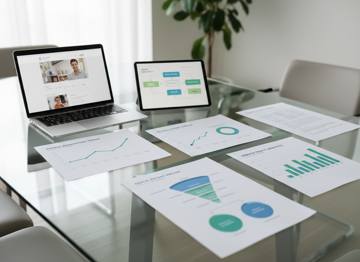 A glass-topped conference table in a bright, minimalist office, covered with printed marketing reports that show upward-trending charts, patient pipeline funnels, and website traffic graphs, all designed in clean blues and greens. Beside the reports is an open silver laptop showing a blurred dental website homepage, and a slim tablet displaying an email automation flow with colored boxes. Soft midday natural light pours through a nearby window, creating crisp reflections on the glass surface. Photographic realism from a slightly elevated angle, with sharp focus across the table, conveying a strategic, data-driven planning session for dental marketing without any human presence, just precise, organized tools and documents.