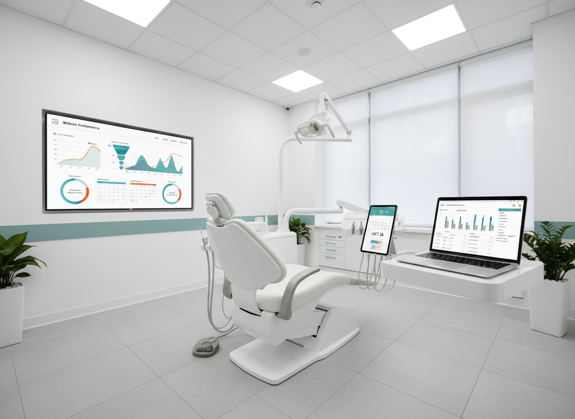 A pristine dental treatment room where the central dental chair is flanked not by patients but by digital tools: a large wall-mounted screen showing a stylized website analytics dashboard with traffic spikes and goal completions, a nearby tablet docked on a stand displaying a calendar full of patient appointments, and a slim laptop on a compact side desk running a pay-per-click ad interface. The room is bright and airy, with white and soft gray surfaces accented by subtle teal details. Overhead LED lighting creates even, shadow-free illumination, evoking a high-tech, efficient practice. Photographic realism with a wide-angle composition, keeping the entire room and all devices crisply detailed.